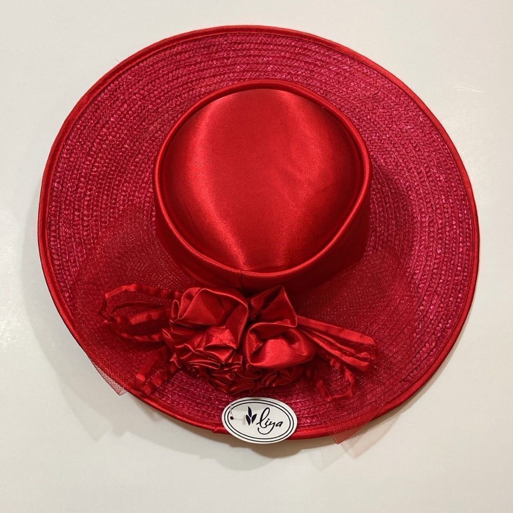 Liya 💯 Straw Women’s Elegant Red Wide-Brimmed Hat With Floral Embellishments - Picture 3 of 14
